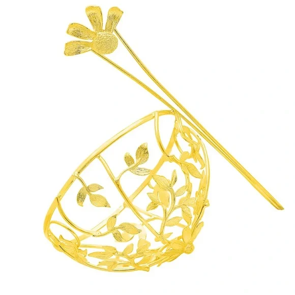 Gold Floral Hair Stick and Half-Crown Hair hair bun. - Picture 1 of 2